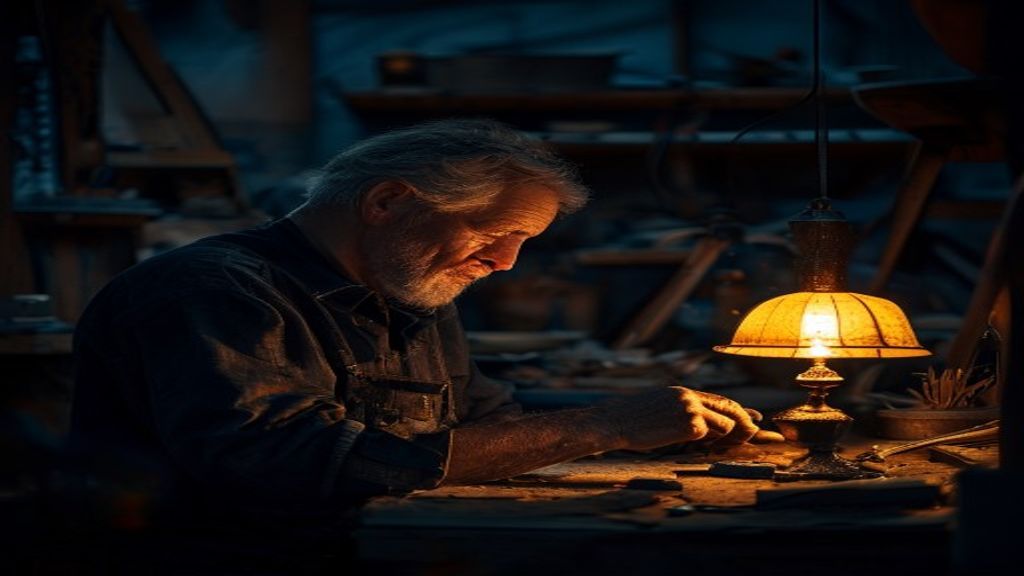 Un fondateur à l'œuvre dans son atelier, à la lumière dorée