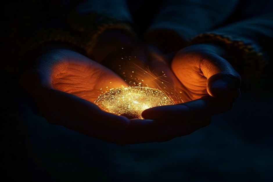 Des mains ouvrent une lumière dorée dans le noir